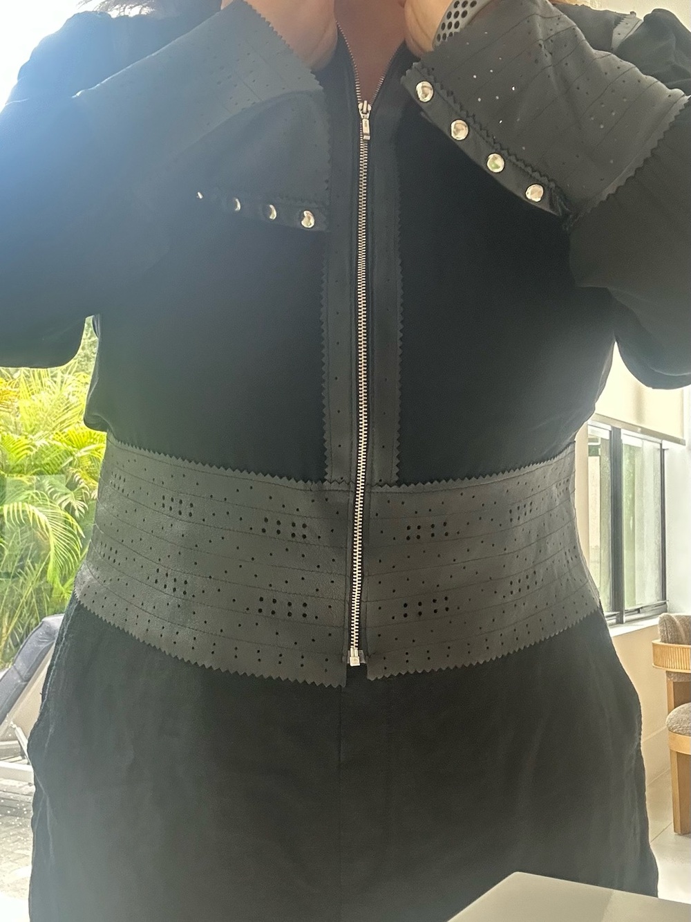 Norma Kamali Black Silk with Leather Trim
